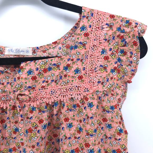 Womens Cottage Micro Floral Babydoll Tee Flutter Sleeve Lace Bow Keyhole Back S - Picture 6 of 11